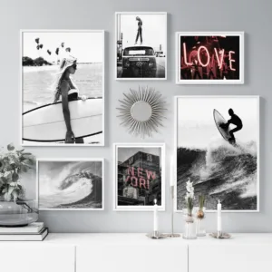 Black White Girl Surfing Waves New York Wall Art Canvas Painting Nordic Posters And Prints Wall Pictures For Living Room Decor
