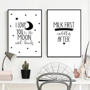 Black White Nursery Poster Canvas Wall Art Print Painting Love You to the Moon Quotes Decorative Picture Baby Kids Room Decor