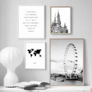 Black White World Map Ferris Wheel Castle Wall Art Canvas Painting Nordic Posters And Prints Wall Pictures For Living Room Decor