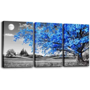Black and White Blue Tree Moon Framed Canvas Wall Decor for Living Room Artwork Painting 3 Pieces Print Modern Bedroom Decor