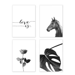 Black and White Horse Flower Wall Art Canvas Poster Print Nordic Style LOVE Simple Painting Wall Picture for Living Room Decor