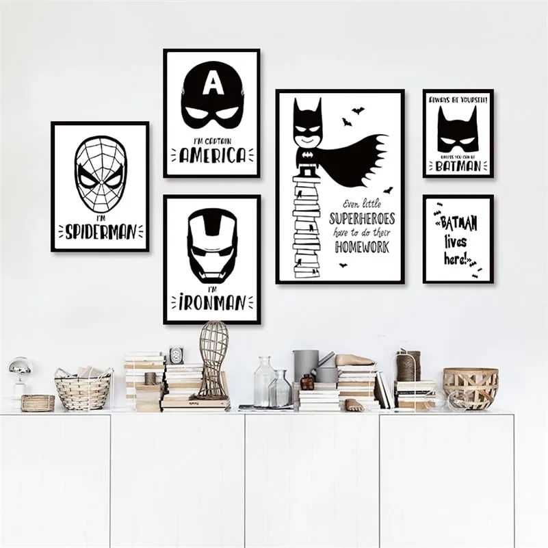 Black and White Simple avenger movie Hero Batman iron man Canvas Art Painting Print Poster wall pictures for bar cafe