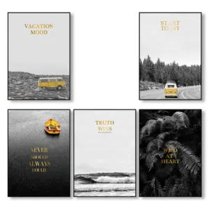 Black and White Wall Art Poster Bus Leaf Quotes Print Sea Landscape Canvas Painting Scandinavian Style Wall Picture Decoration