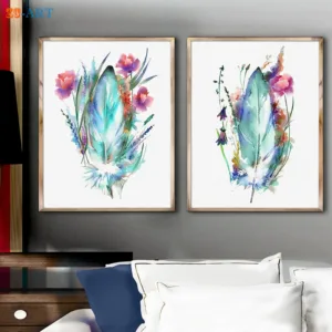 Blue Feather Painting Wall Art Print Home Decor Flowers Painting Feather Watercolor Painting Feather Poster Minimalist Art