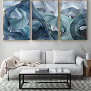 Blue Green Gold Lines Wavy Geometric Poster New Chinese Canvas P