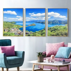Blue Sky White Clouds Mountain Lake Forest Natural Scenery Poster Wall Art Canvas Print Painting Home Decor Landscape Picture