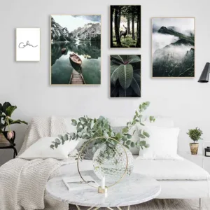 Boat Lake Painting Print Nature Forest Animal Scandinavian Posters Landscape Wall Art Poster Nordic Living Room Decor Pictures