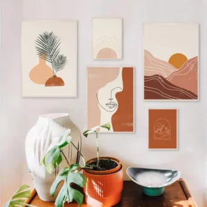 Boho Poster Abstract Landscape Art Print Sun Woman Face Bundle Line Canvas Painting Nordic Poster Beige Gallery Wall Decoration