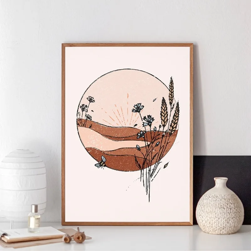 Boho Wall Decor Burnt Orange Print Vintage Inspired Mid Century Wall Art Canvas Painting Picture for Living Room Home Decoration