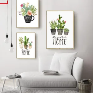 Botanical Cactus Print Home Sweet Home Sign Quote Wall Art Painting Kitchen Decor Tea Poster Nordic Wall Picture for Living Room