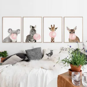 Bubble Chewing Gum Giraffe Zebra Animal Posters   Canvas Art Painting Wall Art Nursery Decorative Picture Nordic Style Kids Deco
