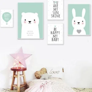 Bunny Bear Cartoon Animal Poster Child Baby Nursery Print Canvas Wall Art Painting Pregnant Kid Room Decoration Creative Picture