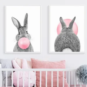 Bunny Rabbit Print Pink Bubble Gum Poster Minimalist Canvas Painting Baby Animals Wall Art Nursery Kids Room Decoration Pictures