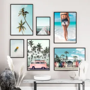 Bus Sea Beach Girl Palm Tree Landscape Wall Art Canvas Painting Nordic Posters And Prints Wall Pictures For Living Room Decor