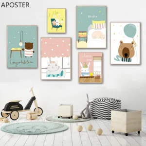 Canvas Painting Happy Bear Rabbit Cat Animal Nursery Poster And prints Modern Style Wall Art Picture for Baby Kids Room Decor