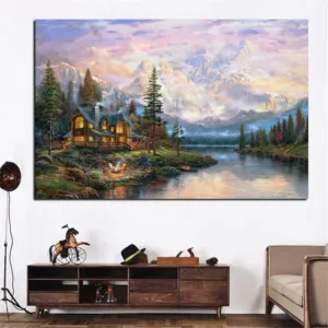 Canvas Pictures Home Wall Art Decor Framework 1 Piece Cathedral Mountain Lodge By Thomas Kinkade Painting Print Landscape Poster