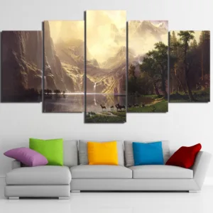 Canvas Wall Art Pictures Frame Home Decor Room Poster 5 Pieces Mountain Lake Natural Landscape Animal Deers HD Printed Painting