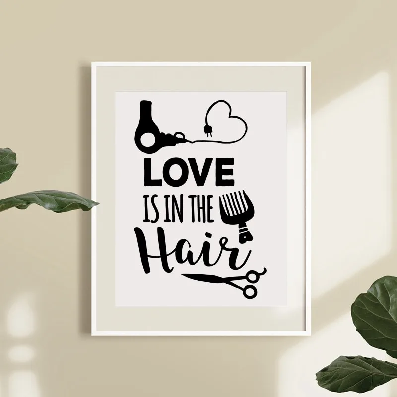 Cartoon Hair Dryer Scissors Comb Wall Art Love Is In The Hair Canvas Painting Poster And Prints Home Decorative For Hair Salon