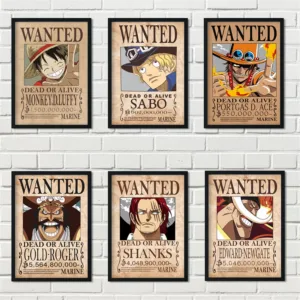 Cartoon Home Decor Wall Sticker Retro Wanted One Piece Japanese Anime Luffy Nursery Kids Room posters canvas painting M609