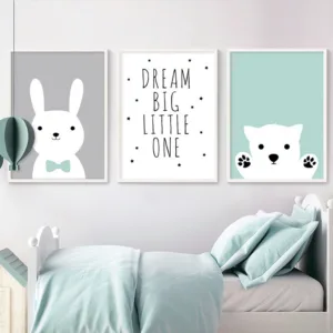Cartoon Rabbit Bear Nursery Wall Art Canvas Painting Minimalist Dream Big Poster Print Nordic Kids Picture Baby Boy Room Decor