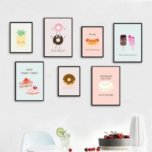 Cartoon cute hot dog cheese donut kitchen decoration canvas painting poster and print modern wall art murals chart picture