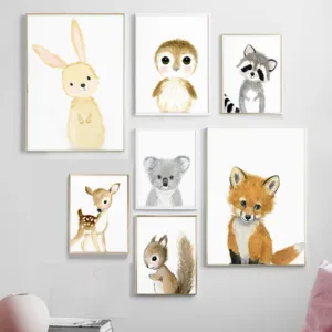 Cartoon fox koala deer rabbit squirrel nordic style art deco print children room decoration posters canvas painting M468