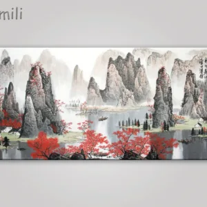 Landscape canvas paintings Red maple and boat canvas pictures vintage home decorative on the wall art for living room