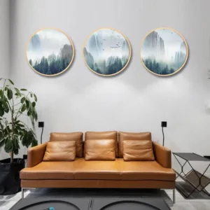 Classical Chinese style home landscape painting modern solid wood round mural Background wall porch corridor triple painting