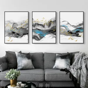 Canvas Poster Golden Bird Painting Abstract Blue Ink Landscape Decoration Blue Print Gold Wall Art Picture White and Black 20-6