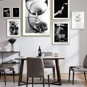 Coffee Wine Bread Kitchen Poster Black White Drink Food Canvas Print Wall Art Painting Picture Dining Room Restaurant Decoration