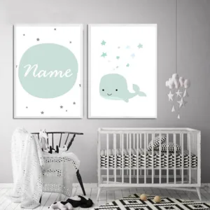 Custom Name Poster Baby Nursery Wall Art Canvas Painting Cartoon Whale Print Nordic Kids Decoration Picture Boys Bedroom Decor