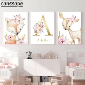 Fox Deer Baby Animal Canvas Painting Girl's Custom Name Poster Nursery Wall Art Print Pink Flower Picture Baby Room Wall Decor