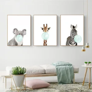 Cute Blue Bubble Gum Animal Canvas Wall Art Set – 3 Pieces