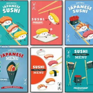 Cute Funny Japanese Sushi Cartoon Canvas Painting Wall Art Poster and Prints Restaurant Kitchen Home Decoration Modular Picture