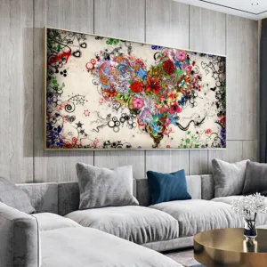 Modern Canvas Love Painting Abstract Colorful Heart Flowers Posters Prints Wall Art Picture for Living Room Home