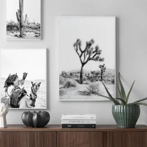 Desert Cactus Print Joshua Tree Black and White Boho Wall Art Decor Camel Animal Poster Modern Wall Pictures for Living Room