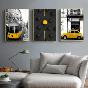European City Scenery Picture Nordic Canvas Painting Wall Art Yellow style Car Umbrella Landscape Posters Prints for Home Decor