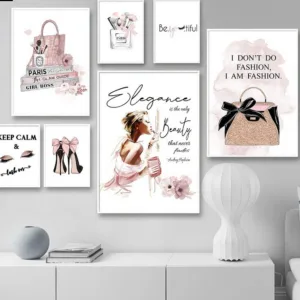 Fashion Art Poster Pink Luxury High Heels Bag Canvas Print Wall Painting Beauty Salon Girls Room Decoration Creative Picture