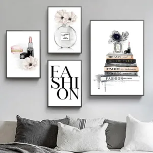 Fashion Book Lipstick Canvas Painting Wall Art Perfume Bottle Flower Vogue Poster Quotes Prints Pictures Fashion Girl Room Decor