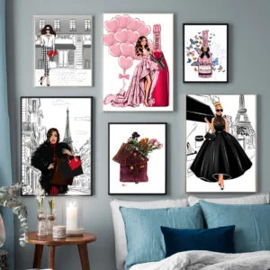 Fashion Girl Bag Balloon Champagne Salon Wall Art Print Canvas Painting Nordic Posters And Prints Wall Pictures For Living Room
