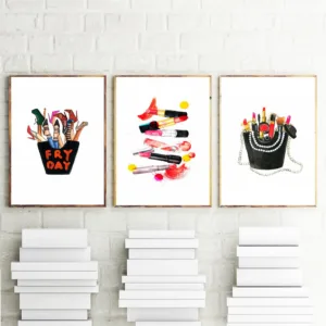 Fashion Lady Posters and Prints For Girl Bedroom Vogue Wall Pictures Canvas Painting Home Decor Bag High Heel Lipstick Art Print