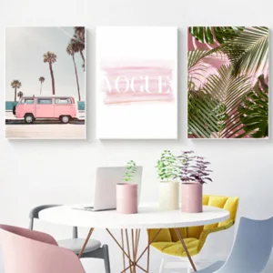 Fashion Pink Palm Tree Canvas Painting Wall Pictures Vogue Pink Van Vintage Posters and Prints Living Room Home Wall Art Decor