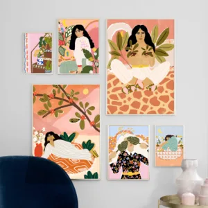 Fashion Vintage Girl Leaves illustration Wall Art Canvas Painting Nordic Posters And Prints Wall Picture For Living Room Decor