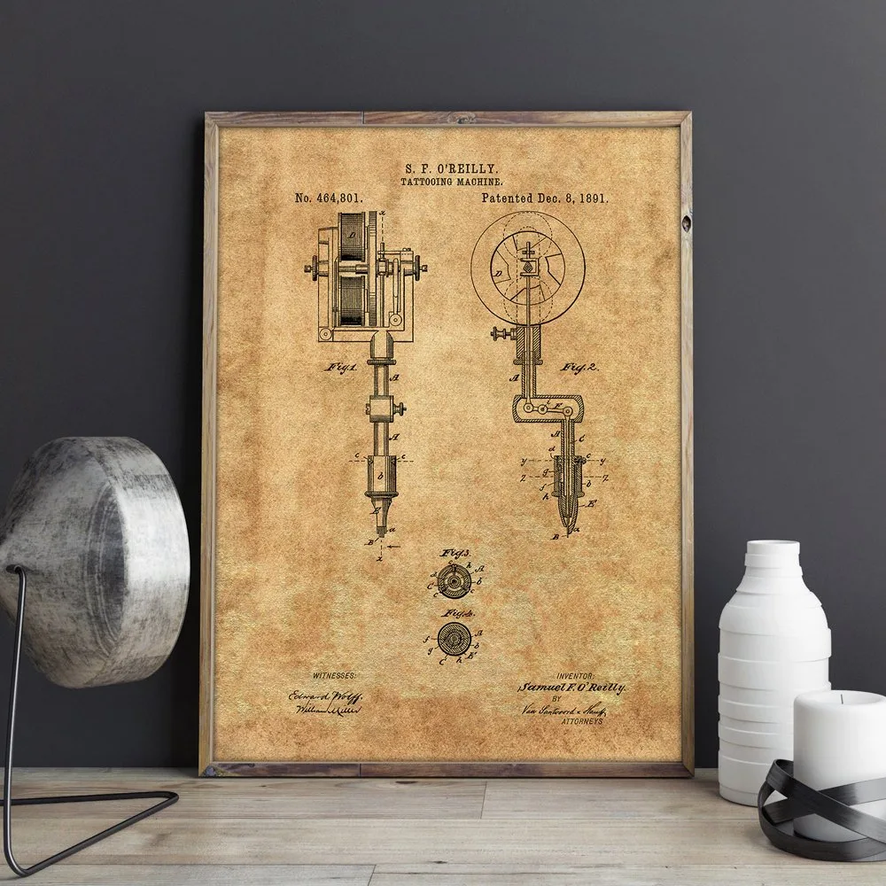 First Tattoo Machine Patent Prints Tattoo Parlor Wall Art Canvas Painting Posters Decor Vintage Blueprint Picture Decorations - Image 3