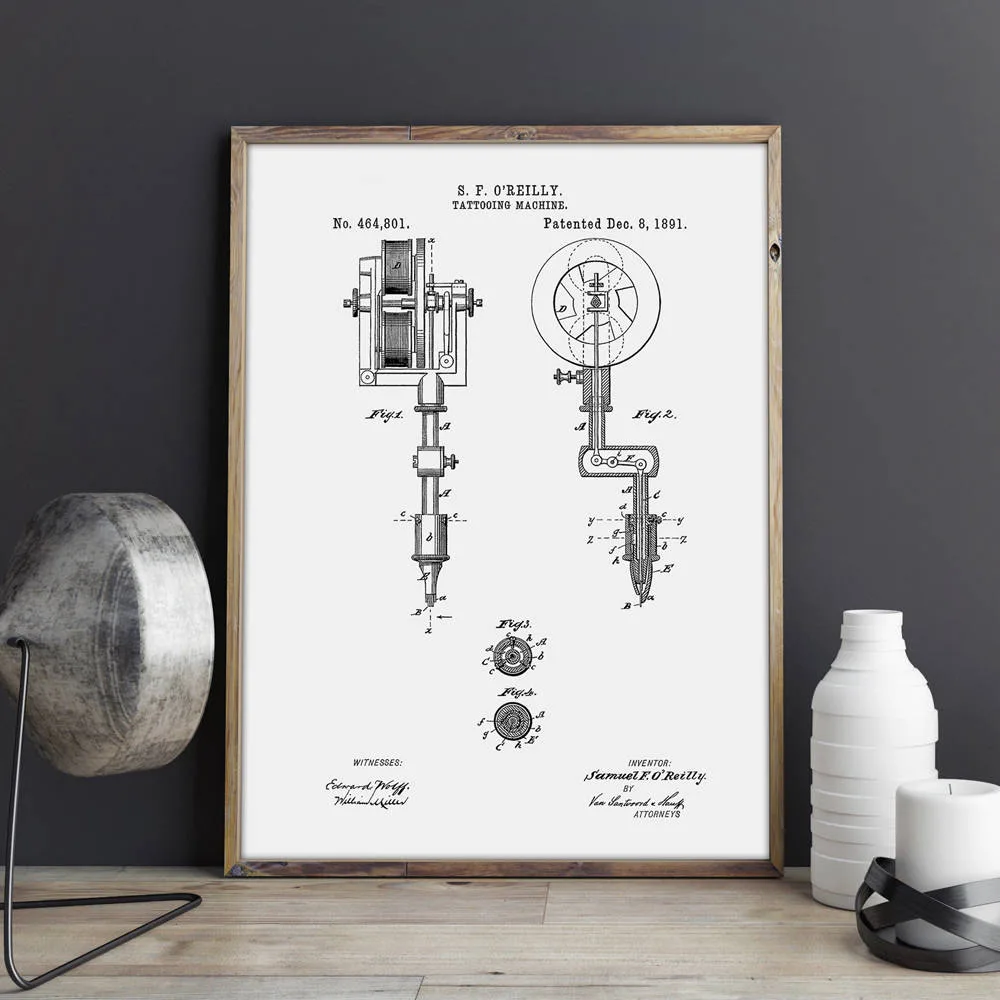 First Tattoo Machine Patent Prints Tattoo Parlor Wall Art Canvas Painting Posters Decor Vintage Blueprint Picture Decorations - Image 4