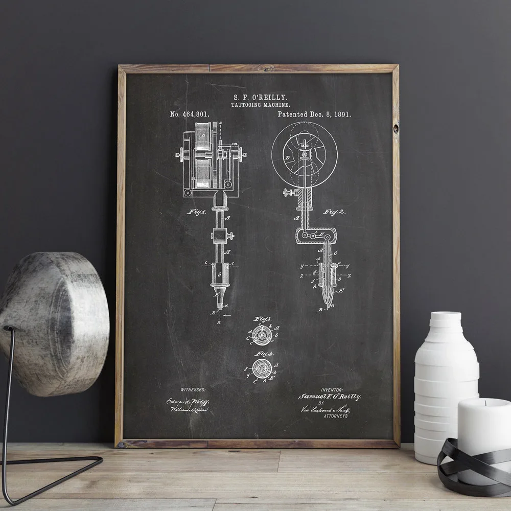 First Tattoo Machine Patent Prints Tattoo Parlor Wall Art Canvas Painting Posters Decor Vintage Blueprint Picture Decorations