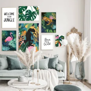 Flamingo Panther Leopard Jungle Nordic Posters and Prints Monstera Leaf Wall Art Canvas Painting Pictures for Living Room Decor
