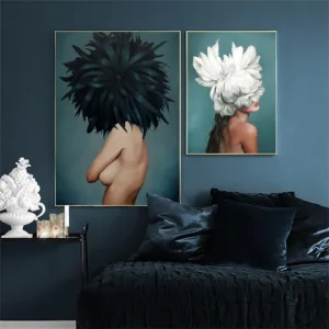 Floral Feather Woman Nude Abstract Canvas Painting Nordic Wall A