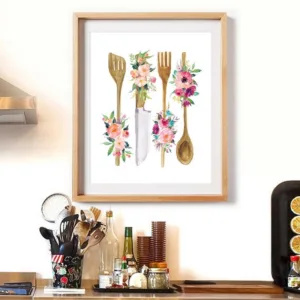 Floral Kitchen Utensil Print Kitchen Wall Art Decor Wooden Utensil Art Canvas Painting Wall Picture Poster Home Decoration