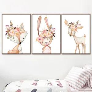 Flower Rabbit Canvas Painting Woodland Animals Poster Nordic Fox Deer Picture Baby Room Wall Art Canvas Pictures Nursery Prints